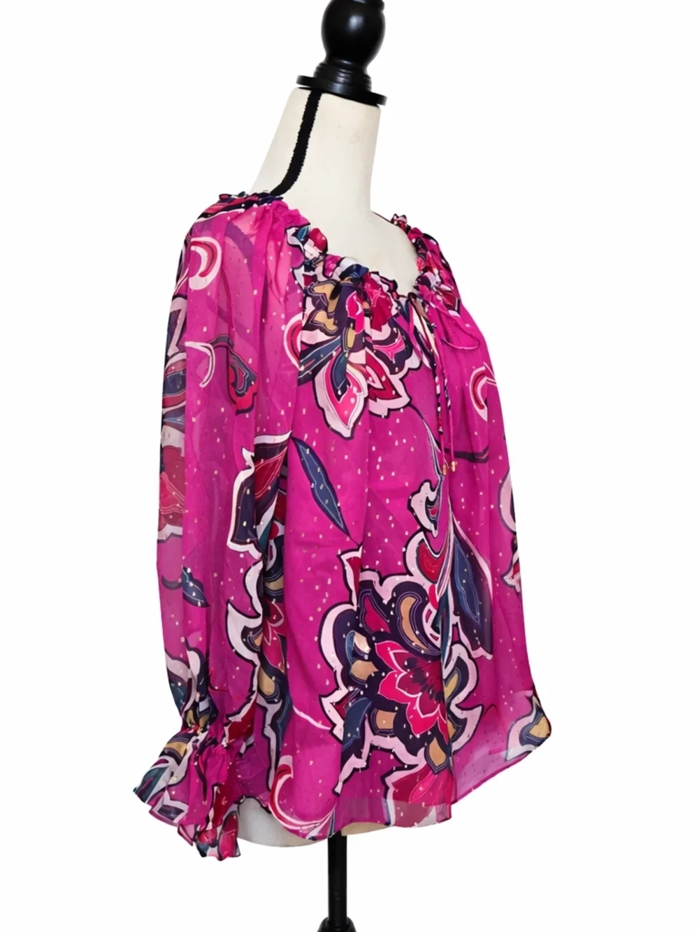 Trina Turk Bright Fuchsia Floral Silk Off-Shoulder Blouse - Picture 3 of 6